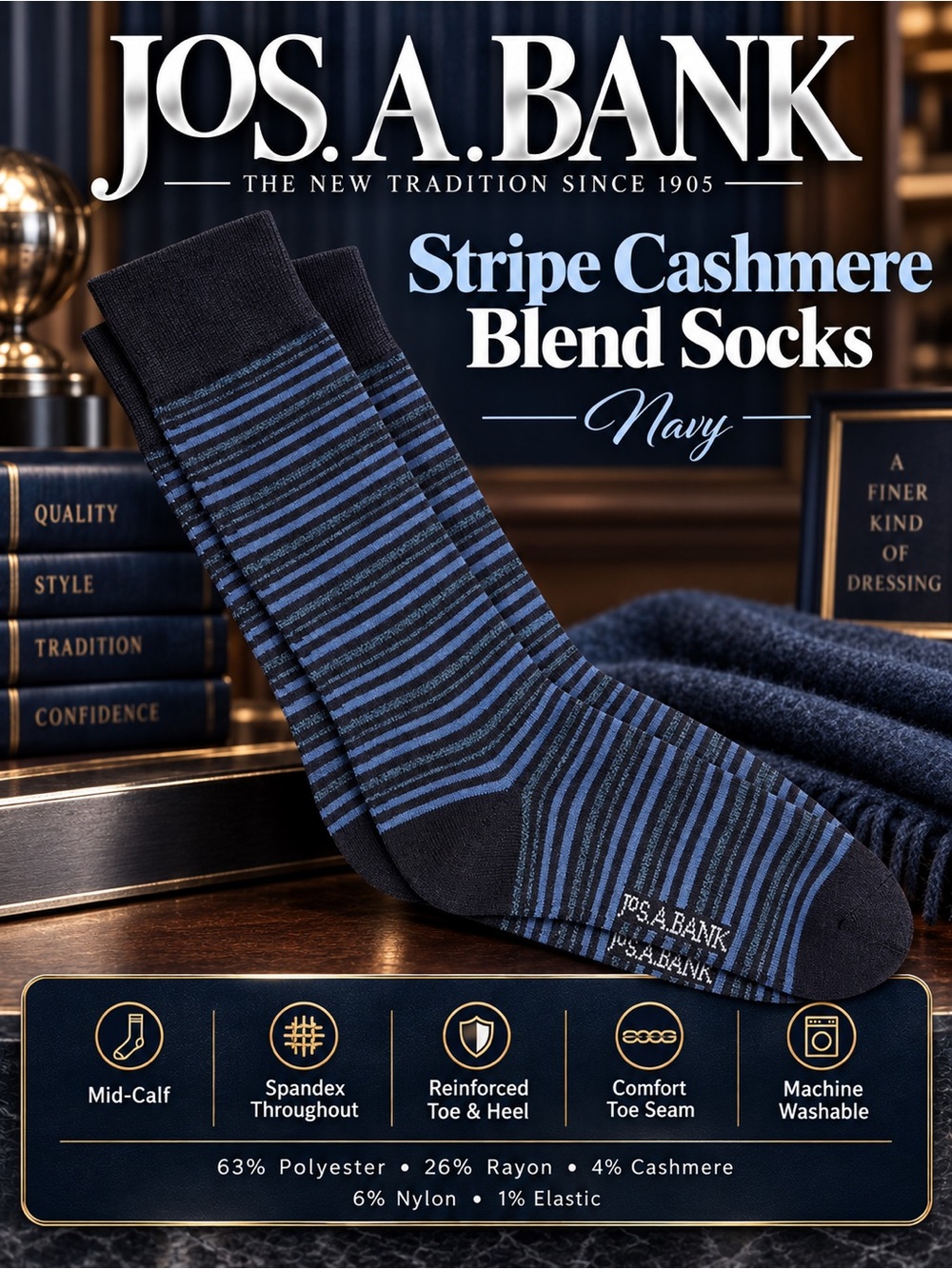 Jos. A. Bank Navy and Blue Striped Cashmere Blend Socks NEW